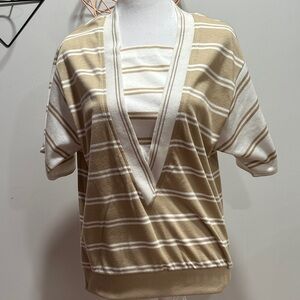 Vintage Jantzen Beige and White Cotton Striped Short Sleeve Top Size S 80s EUC